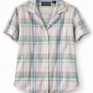 Lands’ End Women’s Pastel Plaid Short Sleeve Button Front Blouse 14 Cotton